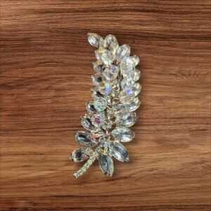 Vintage Aurora Borealis Rhinestone Leaf Brooch Crystal Jewelry Clear Sparkling P